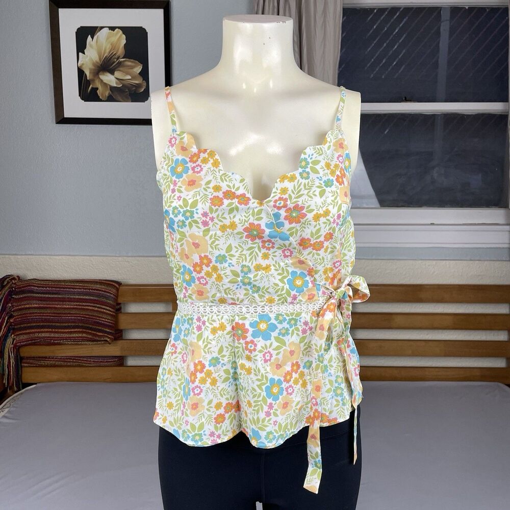 Milk & Honey Tank Women's XS Yellow Floral Scalloped Side Tie Spaghetti Strap